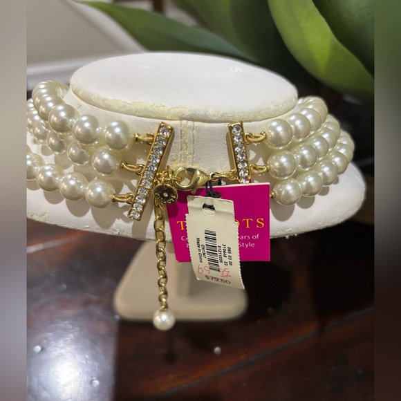 Talbots Faux Pearl Triple-Strand Necklace with Red Flower Accents - Picture 5 of 8